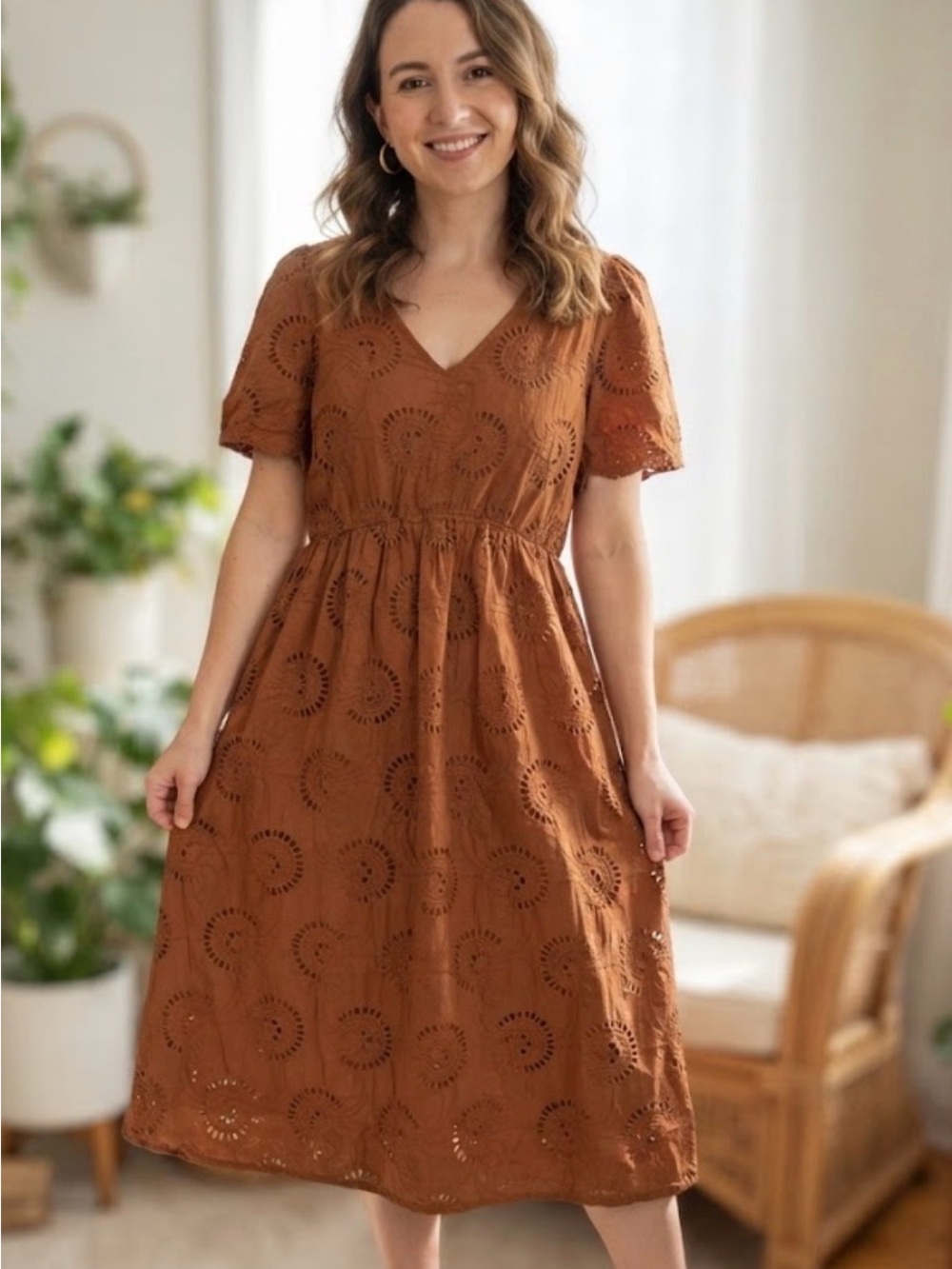 Valentina Naldi Women's V-Neck Eyelet Midi Dress with Inner Lining - #153